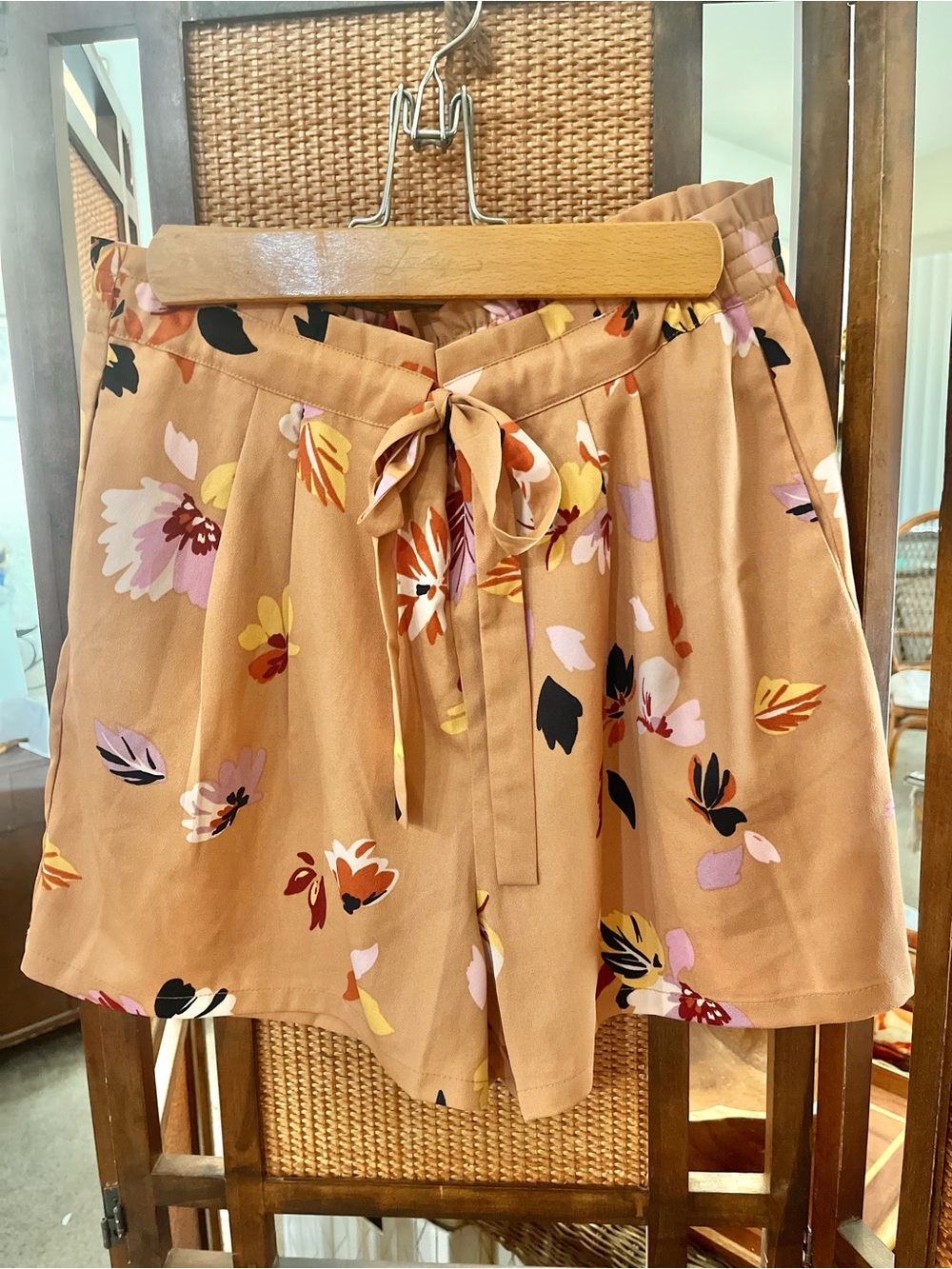 DR2 Tan Floral Tie-Waist Shorts with Pink & Yellow Blooms